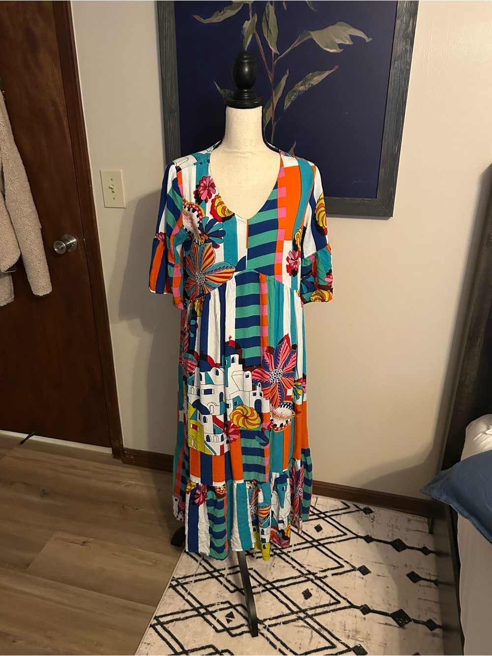 Vibrant Multicolor Floral & Stripe Maxi Dress